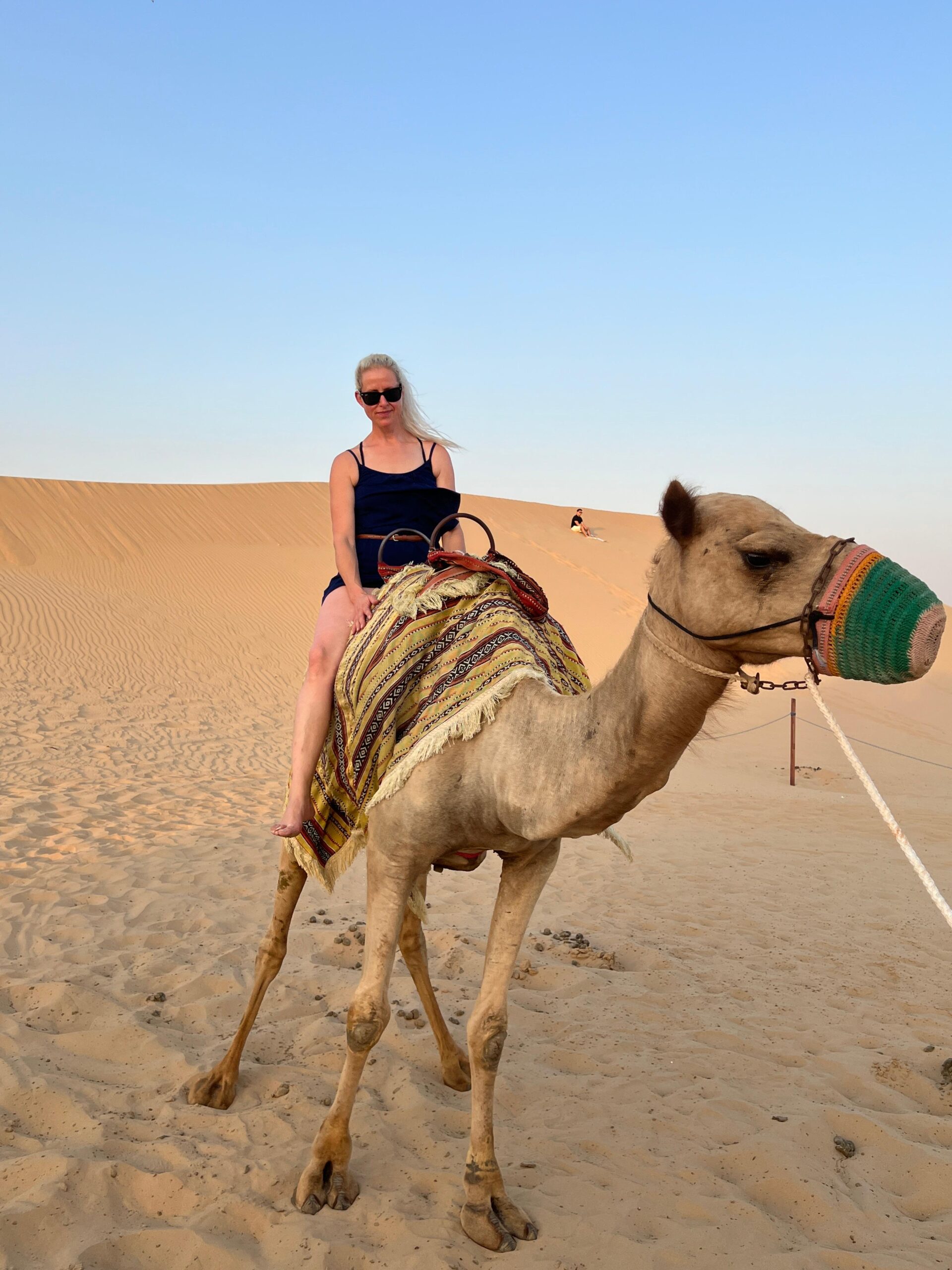 Breathtaking golden hour sunset over the red sand dunes of the Abu Dhabi desert